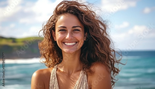 Carefree Beauty, Woman with Curly Hair Smiling on Tropical Beach, Ocean Paradise Vacations