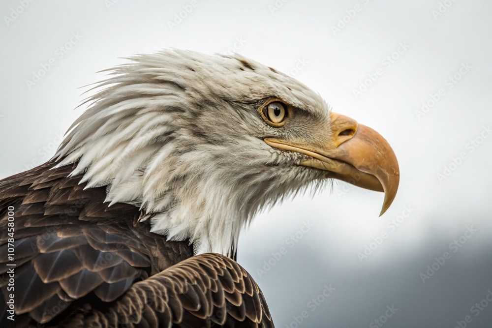 Fototapeta premium Captivating Minimalist Portrait of a Bald Eagle's Head and Neck, Showcasing Its Majestic Features Against a Softly Blurred Background for Nature and Wildlife Photography Enthusiasts
