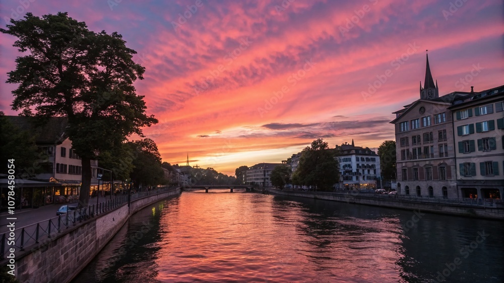 Obraz premium Captivating Minimalist Sunset Over the Limmat River in Zurich, Showcasing Vibrant Colors and Serene Reflections in a Tranquil Urban Landscape