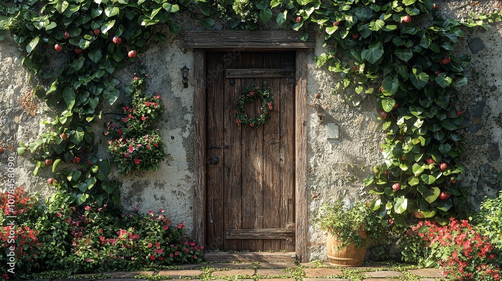 A rustic wooden door surrounded by vibrant greenery and flowers. A rustic wooden door surrounded by vibrant greenery and flowers.