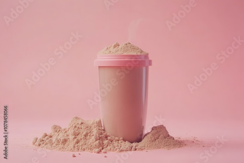 Protein shaker and powder on pink backdrop Sports nutrition idea