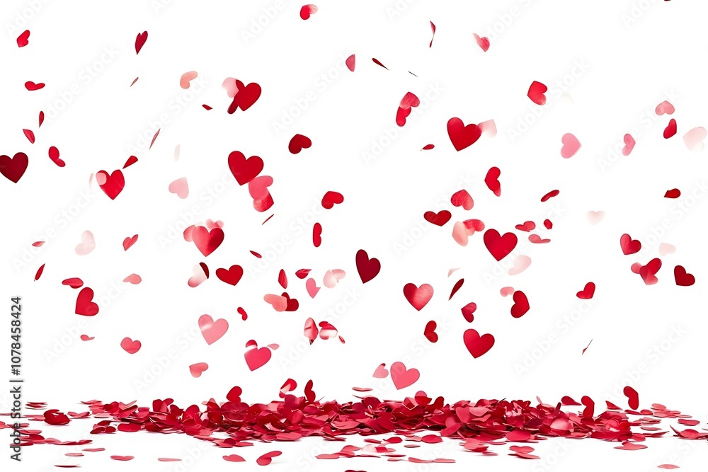 Red heart-shaped confetti gently falling over a white background Red heart-shaped confetti gently falling over a white background