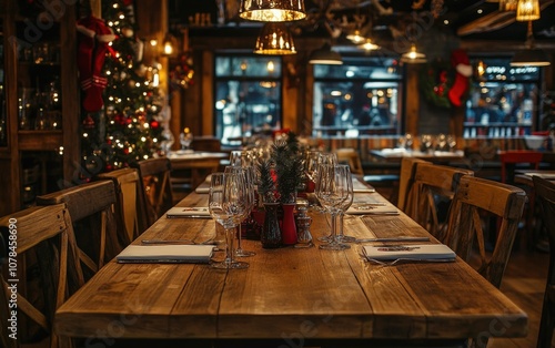 Family Christmas Dinner in a Rustic Restaurant Wooden table setting in a cozy restaurant with holiday decorations, warm lighting, and families gathered for Christmas dinner -