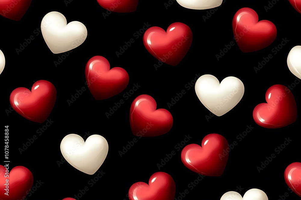 Seamless pattern of floating red and white hearts on a dark background. Seamless pattern of floating red and white hearts on a dark background.