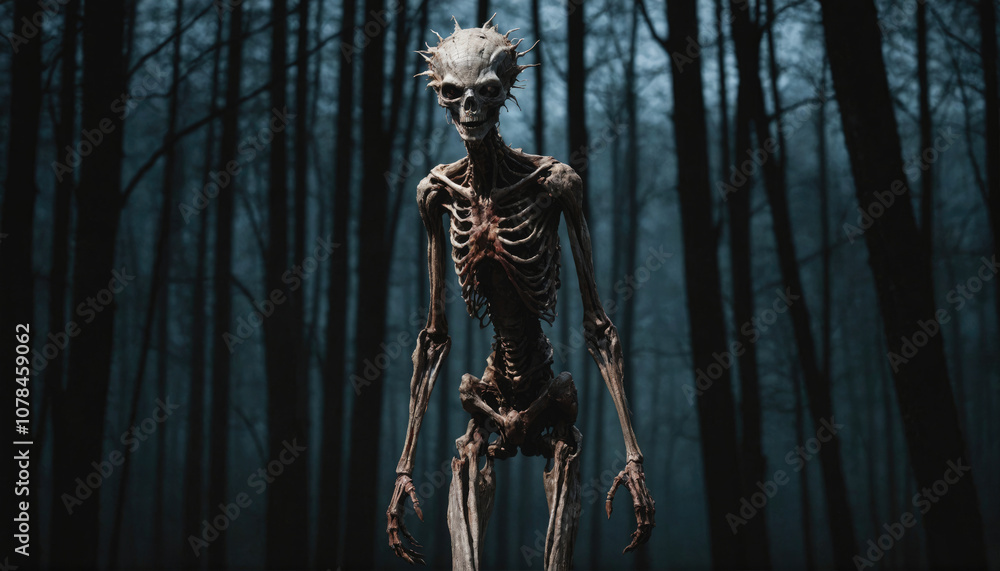 A skeletal figure stands in a dark forest, its bony frame illuminated by the faint moonlight A skeletal figure stands in a dark forest, its bony frame illuminated by the faint moonlight