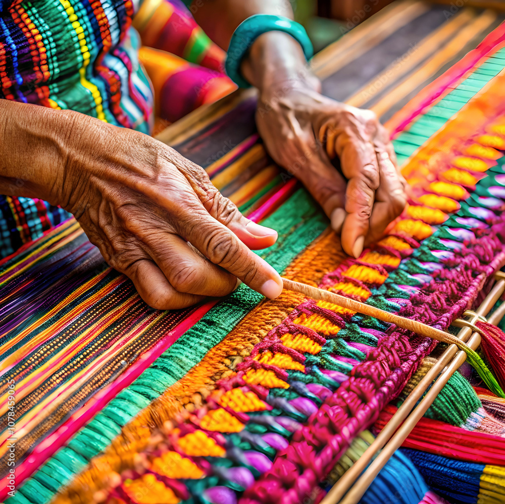 A close-up captures hands skillfully weaving vibrant threads A close-up captures hands skillfully weaving vibrant threads