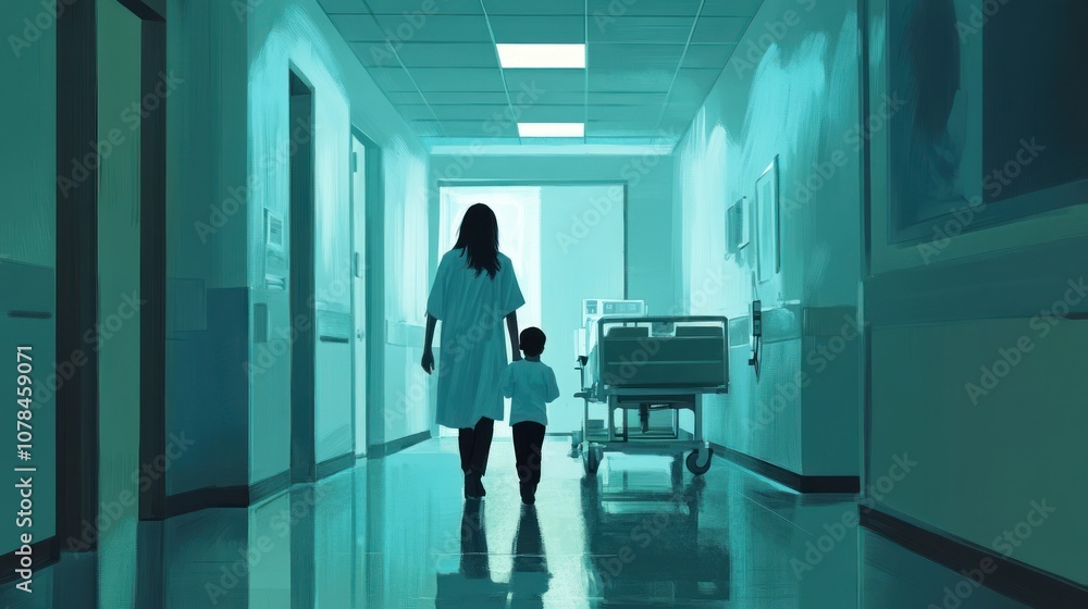 Hospital Corridor with a Nurse and a Child Hospital Corridor with a Nurse and a Child