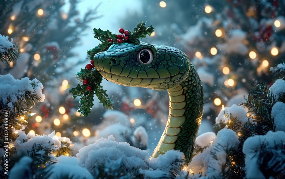 Snake with Mistletoe A green snake holding mistletoe above its head, surrounded by snow-covered trees and holiday lights, ready for a festive kiss Snake with Mistletoe A green snake holding mistletoe above its head, surrounded by snow-covered trees and holiday lights, ready for a festive kiss
