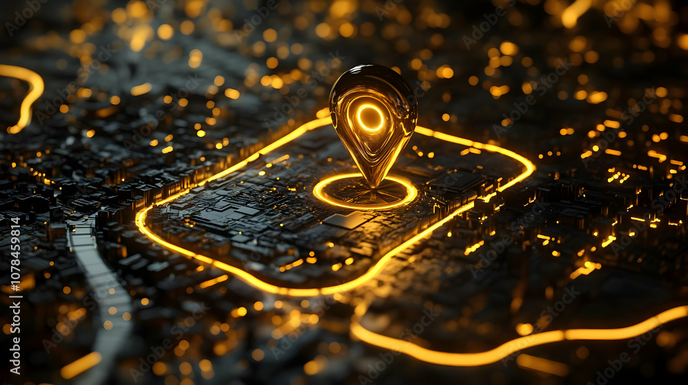 3D Illustration of a Futuristic City with a Glowing Location Marker 3D Illustration of a Futuristic City with a Glowing Location Marker