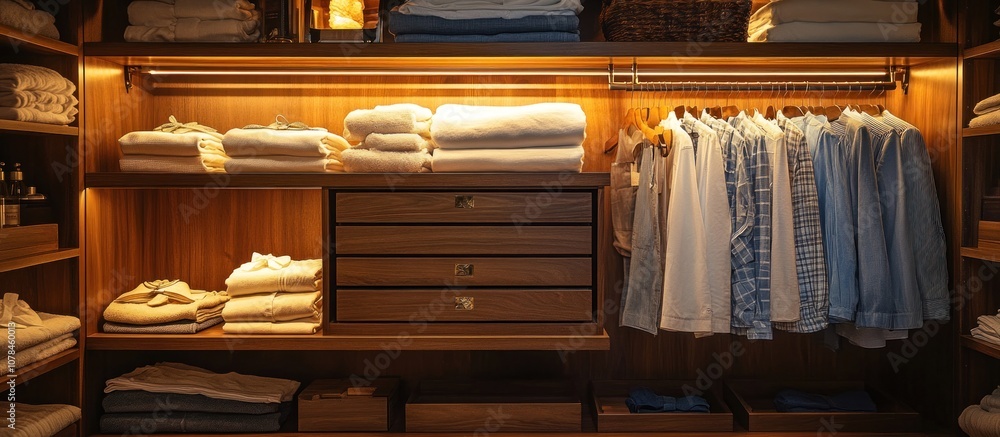 Well-organized closet with clothes on hangers and folded towels on shelves. Well-organized closet with clothes on hangers and folded towels on shelves.