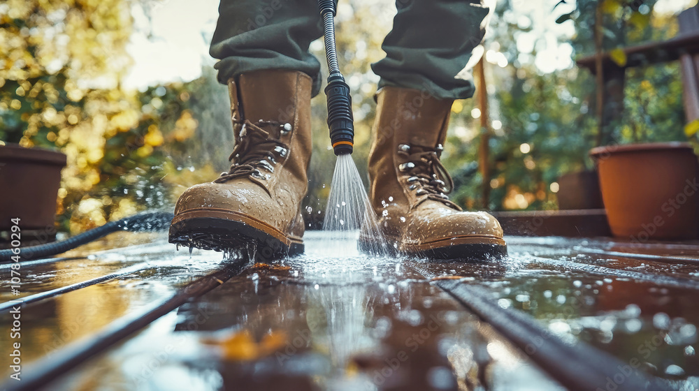 Man using a high-pressure washer on a wooden floor in a garden, captured from a low angle with emphasis on boots and water spray Man using a high-pressure washer on a wooden floor in a garden, captured from a low angle with emphasis on boots and water spray