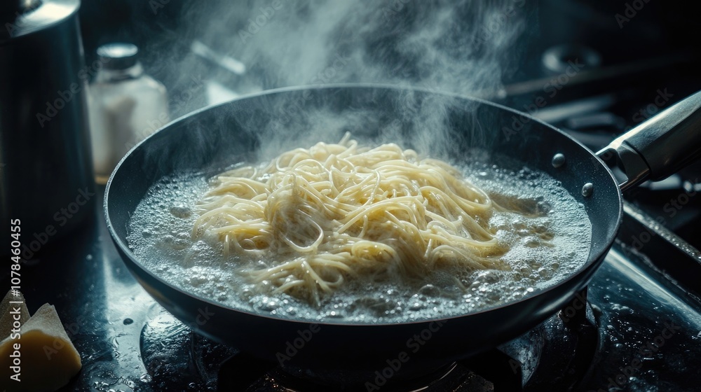 Boiling water in a frying pan with pasta, creating a dynamic cooking scene. The boiling water enhances the focus on the pasta, offering ample copy space for text. Boiling water in a frying pan with pasta, creating a dynamic cooking scene. The boiling water enhances the focus on the pasta, offering ample copy space for text.