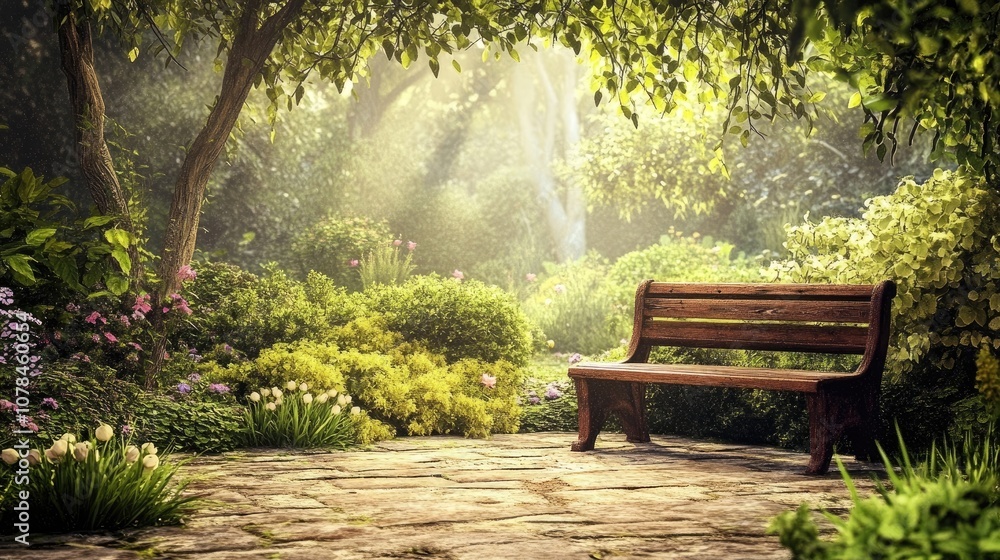 Tranquil garden scene offering a serene atmosphere, enhanced by abundant white copy space, perfect for incorporating your own text or design elements within the tranquil garden scene. Tranquil garden scene offering a serene atmosphere, enhanced by abundant white copy space, perfect for incorporating your own text or design elements within the tranquil garden scene.