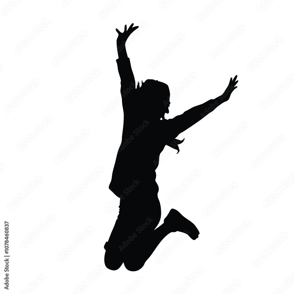 A woman is jumping in the air. She is wearing a black shirt and black pants A woman is jumping in the air. She is wearing a black shirt and black pants
