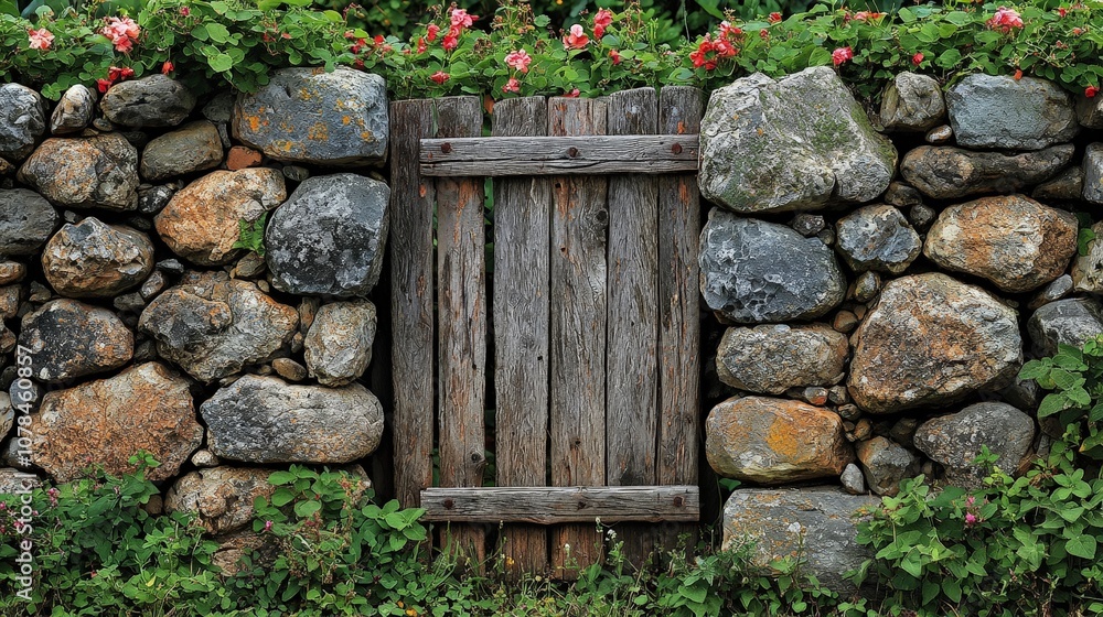 A rustic wooden gate set within a stone wall, adorned with colorful flowers. A rustic wooden gate set within a stone wall, adorned with colorful flowers.