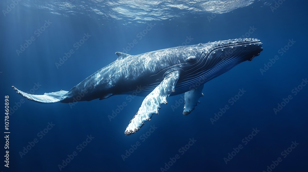 Naklejka premium A humpback whale swims in the ocean.