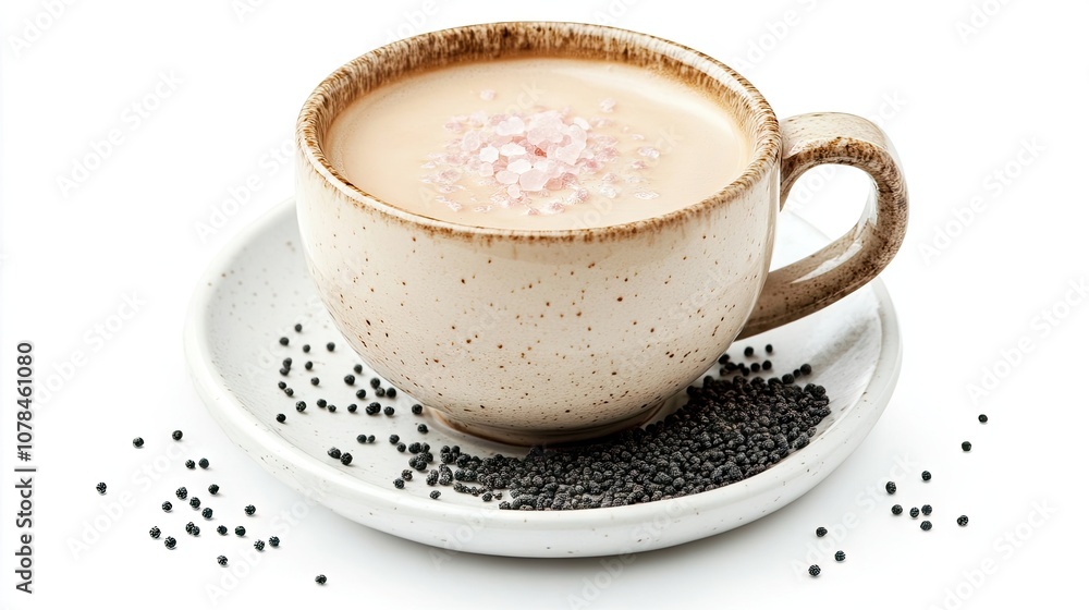 Coffee cup filled with a warm beverage, accompanied by pink salt and poppy seeds, set against a clean white background. Ideal for a healthy breakfast concept with ample copy space. Coffee cup filled with a warm beverage, accompanied by pink salt and poppy seeds, set against a clean white background. Ideal for a healthy breakfast concept with ample copy space.