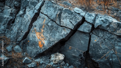 A collapsing cliffside displays a noticeable crack running through it, with a rock tumbling down. This image captures the essence of a collapsing cliffside, with ample copy space.