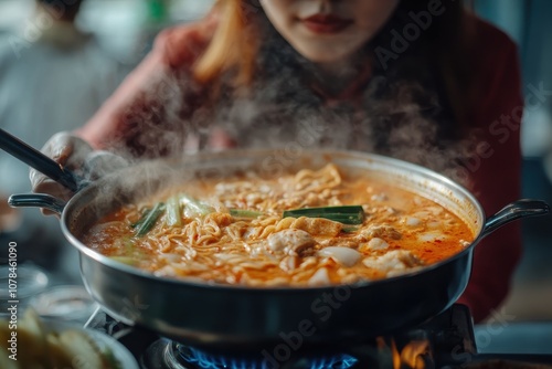 Spicy Korean hot pot Budae jjigae with instant noodles meat vegetables and seafood cooked on a portable stove in a Thai restaurant photo