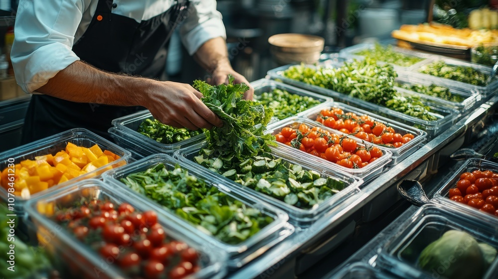 A chef in a professional kitchen is placing food into the rectangular A chef in a professional kitchen is placing food into the rectangular