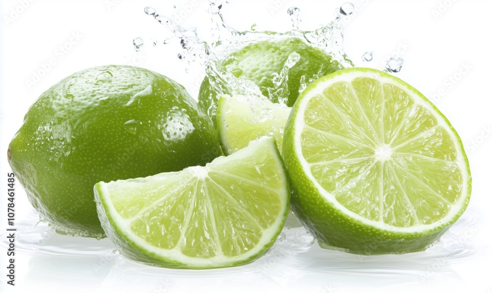 Fresh limes splashing in water, vibrant green color, juicy slices Fresh limes splashing in water, vibrant green color, juicy slices