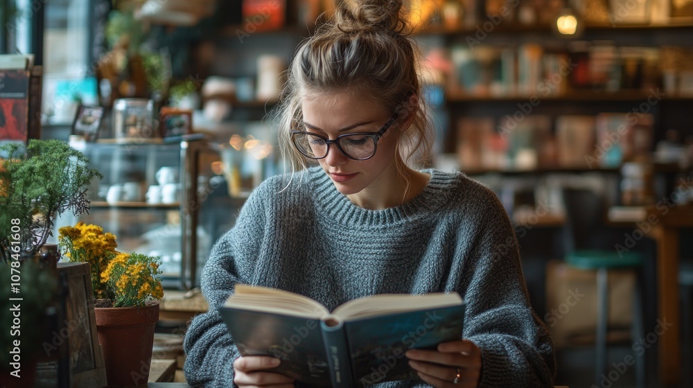 Young Woman Reading a Book in a Bookstore Young Woman Reading a Book in a Bookstore