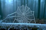 Frozen spider cobweb, winter night in forest, woven delicate insect pattern.