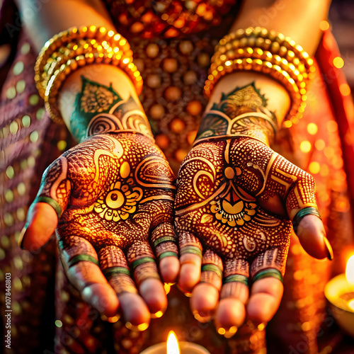 Close-ups of intricate henna (mehndi) designs on hands
