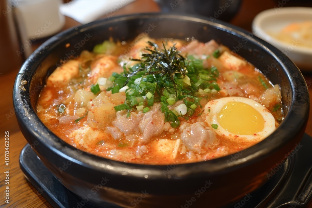 Spicy silken tofu stew with pork kimchi and vegetables served in a black bowl on a wooden table Spicy silken tofu stew with pork kimchi and vegetables served in a black bowl on a wooden table