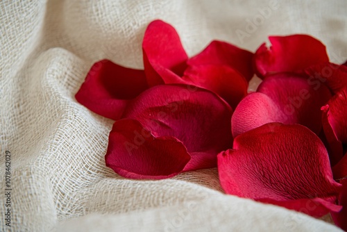 Vibrant Red Rose Petals Lying on Soft Linen Fabric, Perfect for Romantic Decorations and Floral Arrangements in Various Settings