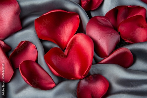 Romantic Red Heart-Shaped Rose Petals on Soft Gray Satin Fabric for Elegant Decorations and Love-Themed Celebrations