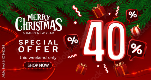 Merry Christmas, 40 percent Off discount. Sale banner and poster. Vector illustration.
