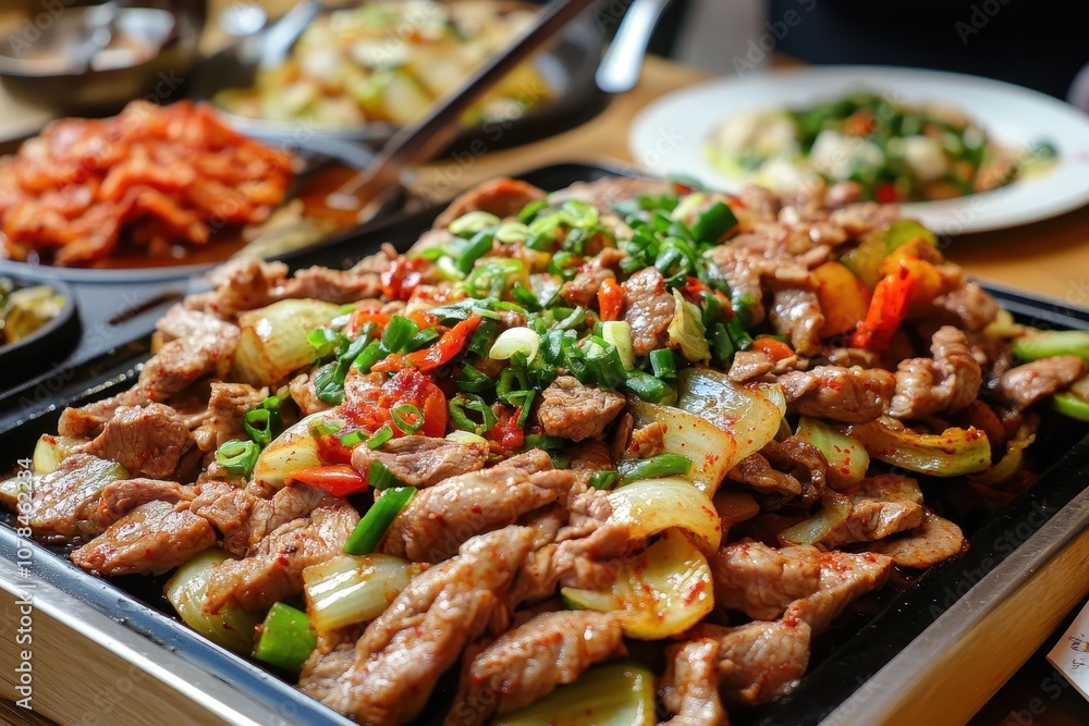 Spicy stir fried tripe pork chicken stew fermented soybean paste soup kimchi stew and traditional Korean side dishes Spicy stir fried tripe pork chicken stew fermented soybean paste soup kimchi stew and traditional Korean side dishes