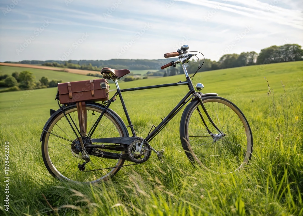 Obraz premium Captivating Product Photography of a Classic Traveling Bike Set Against a Serene Grassy Field, Perfect for Adventure and Outdoor Enthusiast Marketing Materials