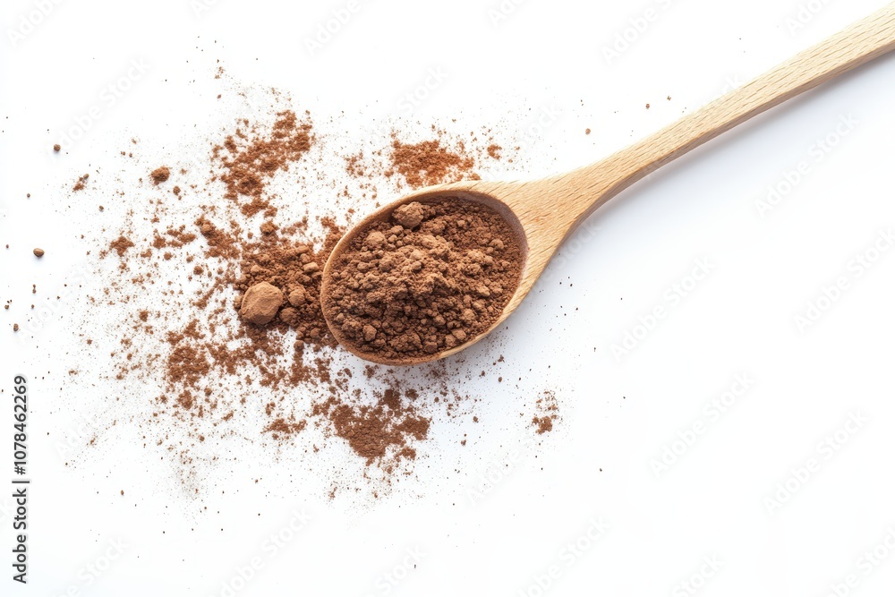 Spilling collagen powder from a wooden spoon against a white backdrop Spilling collagen powder from a wooden spoon against a white backdrop