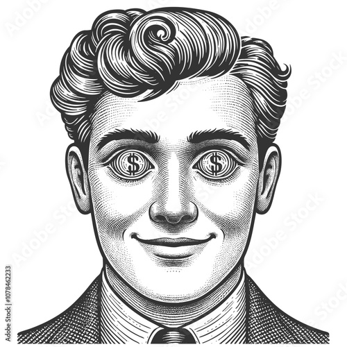 man with excited expression and dollar signs in his eyes, symbolizing greed or financial ambition sketch engraving generative ai vector illustration. Scratch board imitation. Black and white image.