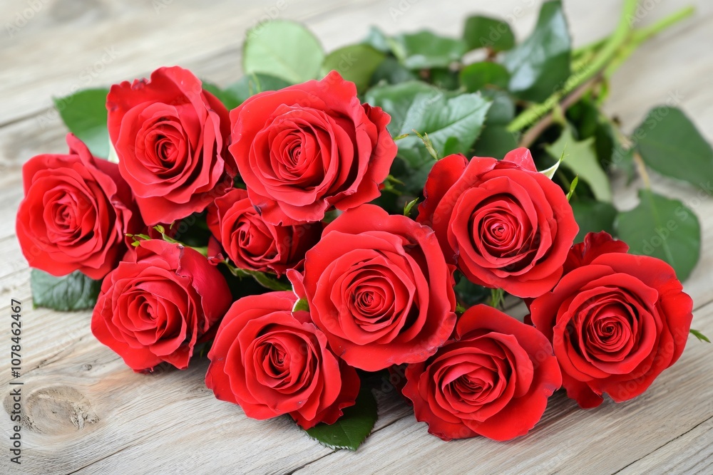 A Beautiful Bouquet of Fresh Red Roses on Rustic Wooden Table, Perfect for Romantic Occasions, Anniversaries, and Valentine's Day Celebrations A Beautiful Bouquet of Fresh Red Roses on Rustic Wooden Table, Perfect for Romantic Occasions, Anniversaries, and Valentine's Day Celebrations