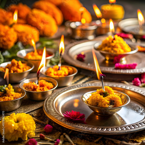 Close-ups of thalis (prayer plates) adorned with diyas