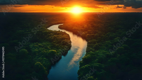 Aerial View of River Flowing Through Lush Forest at Sunset - Photo