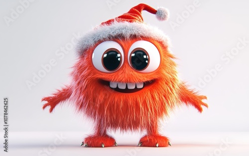 Cute and funny colored furry chrismas style monster 3D cartoon character. huge big eyes good smile furry and pretty on white background
