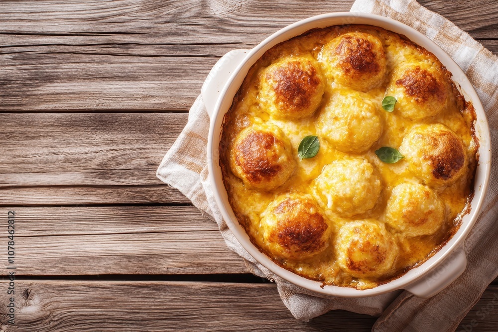 Tasty fried Sicilian rice balls filled with cheese in a baking dish on a rustic wooden table shot from above Tasty fried Sicilian rice balls filled with cheese in a baking dish on a rustic wooden table shot from above