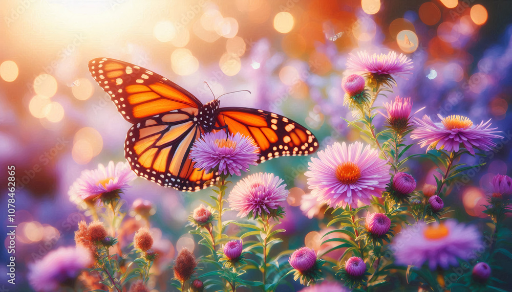 Vibrant butterfly resting on pink flowers in warm sunlight, symbolizing beauty and the delicate balance of nature Vibrant butterfly resting on pink flowers in warm sunlight, symbolizing beauty and the delicate balance of nature