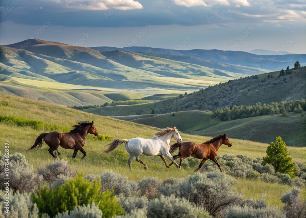 Obraz premium Captivating Product Photography of Wild Horses Roaming the Scenic Landscapes of Eastern Washington, Showcasing Their Natural Beauty and Grace in a Stunning Natural Setting
