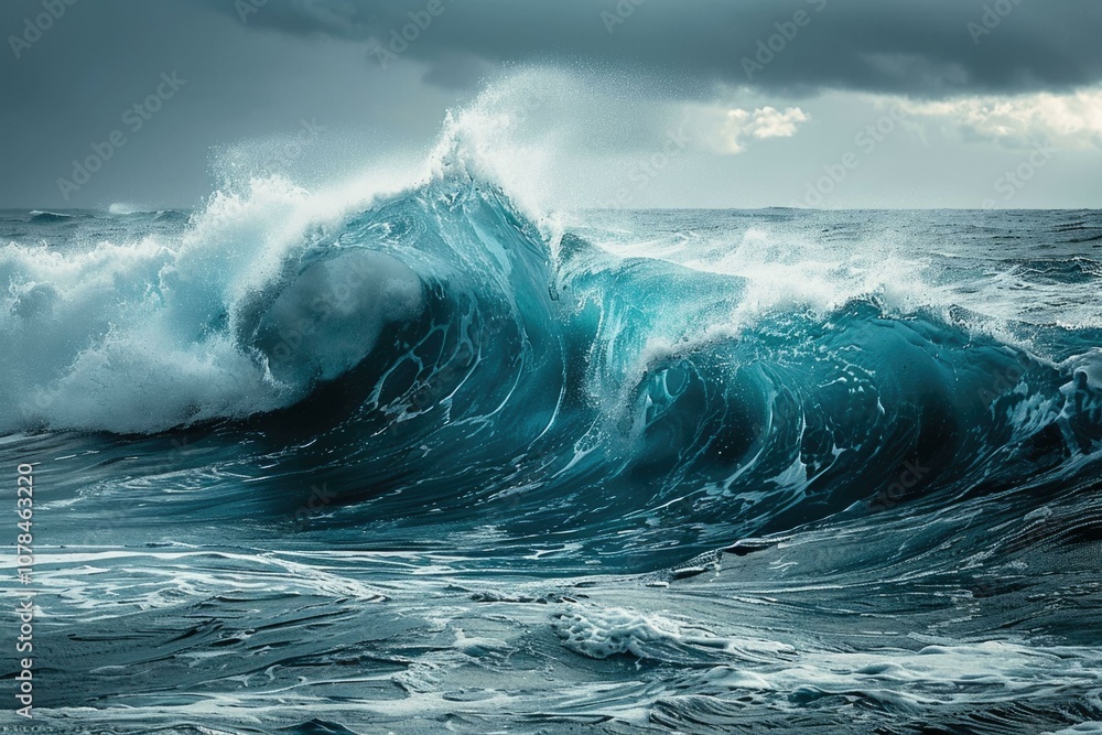 Obraz premium A powerful wave crashes in a stormy sea creating a breathtaking spectacle.