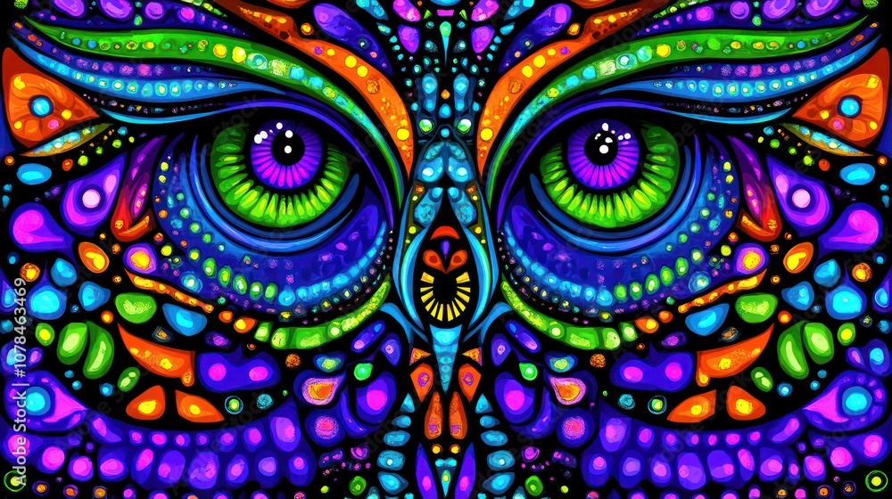 A close-up of an owl's eyes, rendered in a vibrant and colorful, psychedelic style. A close-up of an owl's eyes, rendered in a vibrant and colorful, psychedelic style.