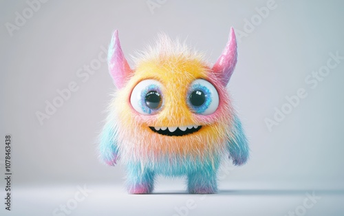 Cute and funny colored furry chrismas style monster 3D cartoon character. huge big eyes good smile furry and pretty on white background
