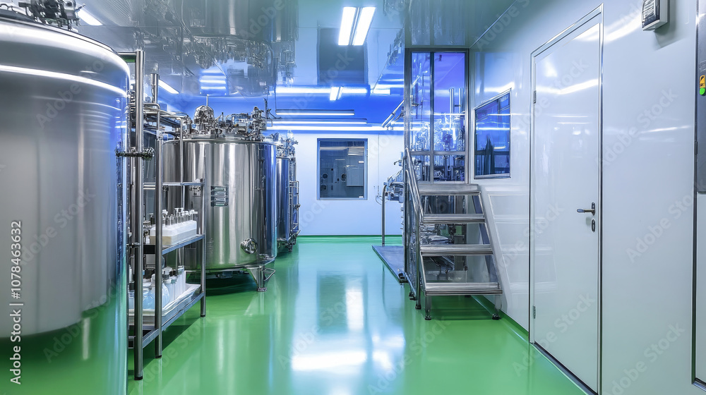 A modern industrial food production line featuring stainless steel tanks and clean processing facilities in a factory setting A modern industrial food production line featuring stainless steel tanks and clean processing facilities in a factory setting