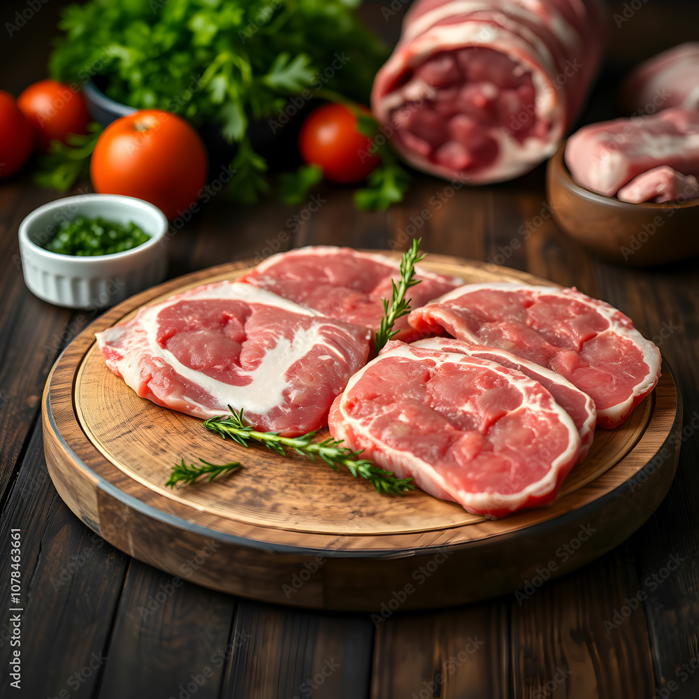 fresh meat slices raw meat on round wooden desk on dark food freshness animal cow meal food kitchen fresh meat slices raw meat on round wooden desk on dark food freshness animal cow meal food kitchen