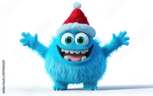 Cute and funny colored furry chrismas style monster 3D cartoon character. huge big eyes good smile furry and pretty on white background
