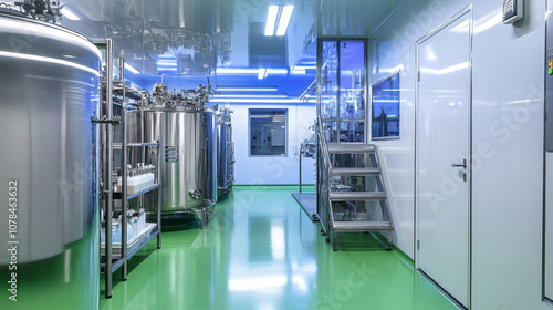 A modern industrial food production line featuring stainless steel tanks and clean processing facilities in a factory setting